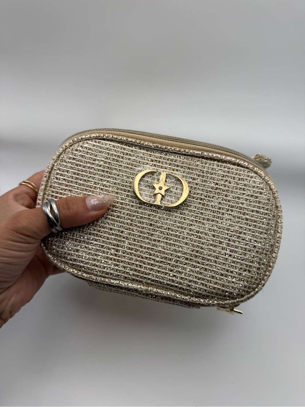 Designer Inspired Gold Glitter Cosmetic Makeup Bag with Star Emblem